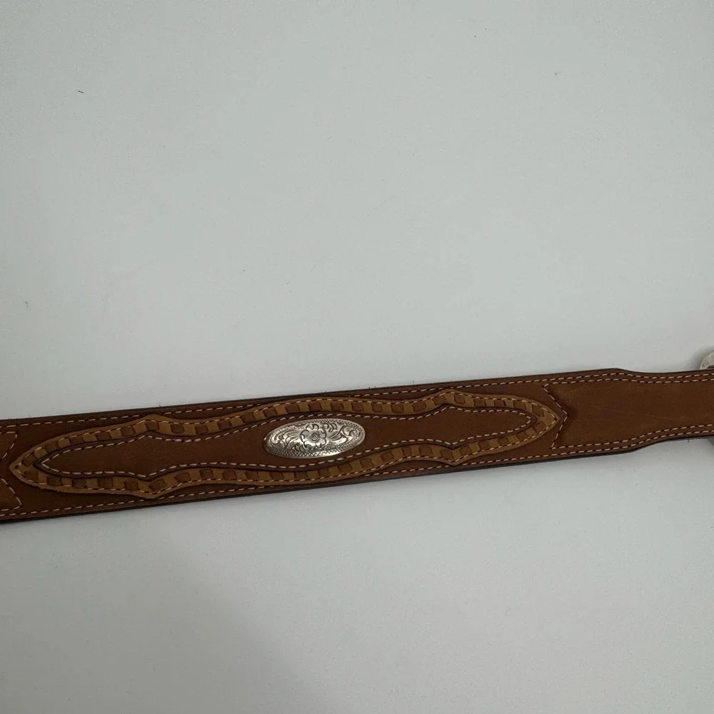 Vtg Justin Belt Mens 36 Brown Leather Silver Tone Buckle Concho Western Cowboy